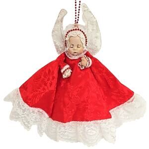 Vintage 50's Baby Doll Angel Red Dress with Lace Trim Wings Red Bead Accents Orn